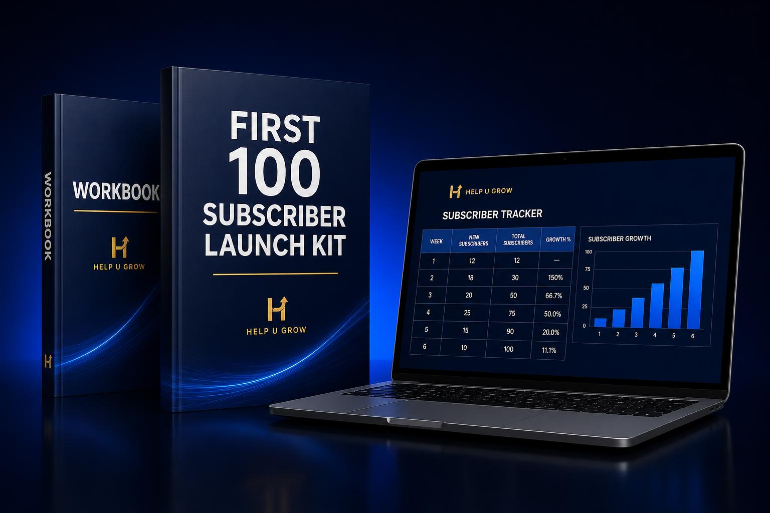 The First 100 Subscriber Launch Kit guide and workbook beside the Subscriber Growth Tracker spreadsheet on a laptop